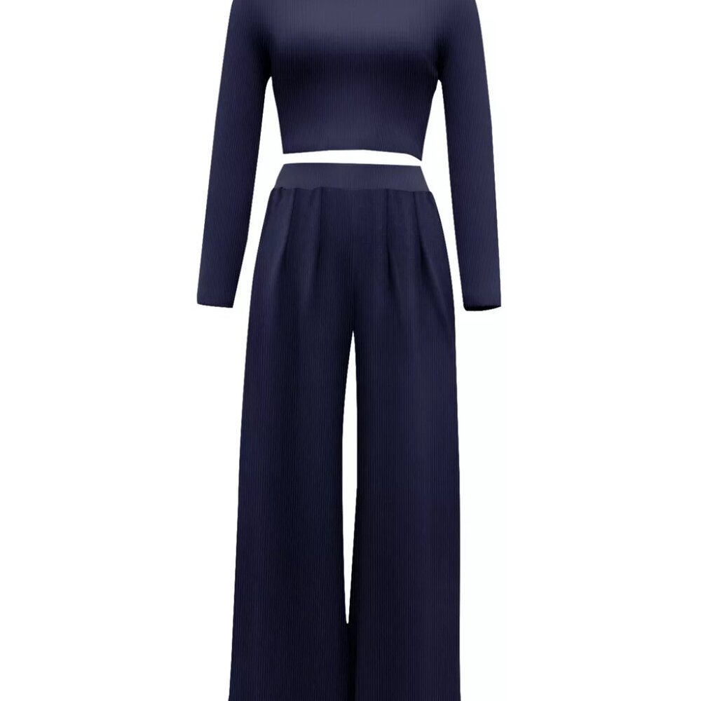 Casual Long Sleeve Crop Top and Wide Leg Pants Set - Picture 7 of 9